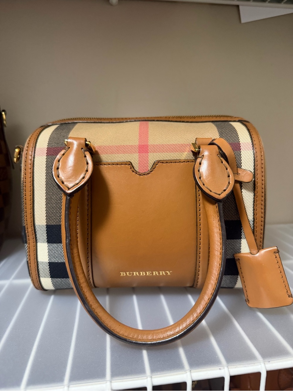 Burberry Alchester Tan Leather & Classic Check bowling bag